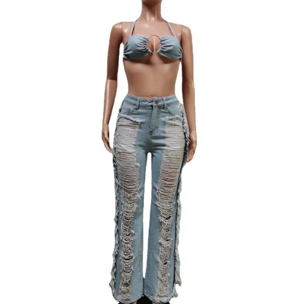 2023 Women's Sexy Tassel Denim 2 Piece Set: Crop Top + Wide Leg Pants